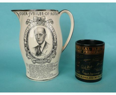 1930 Silver Jubilee of Rotary: a jug by Grays Pottery with named portrait of Paul Harris with dates and a mug for the 1974 ge