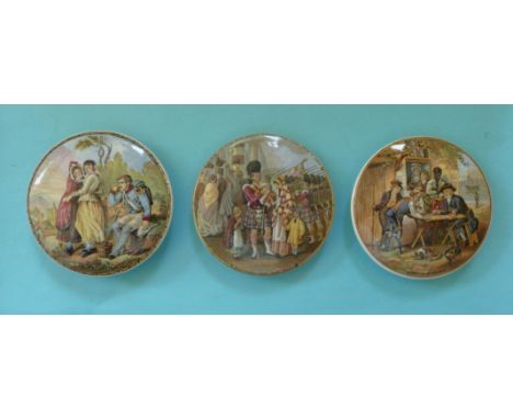 Thirsty Soldier (205) Embarking for the East (206) and Battle of the Nile (210) (3) (prattware, pot lid, potlid) 