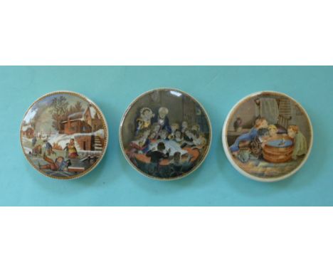 Dangerous Skating (249) Snap Dragon (253) and Children Sailing Boat (263) fine hairline crack (3) (prattware, pot lid, potlid