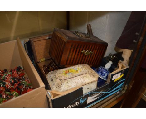 A box of various sundry items including jewellery, tea caddy etc. 