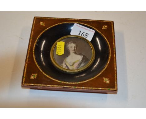 A miniature portrait print in ebonised and faux leather frame 