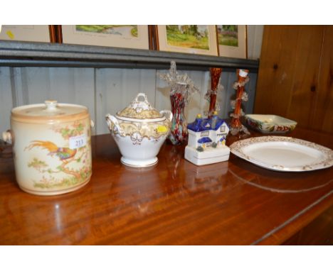 Various sundry glass and china to include porcelain biscuit barrel, sucrier, cottage ornament, end of day glass etc.