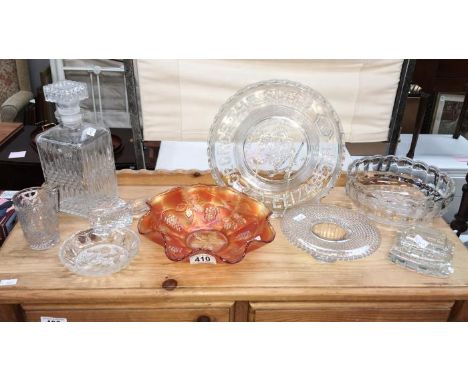 A quantity of glass including decanter, carnival glass etc.