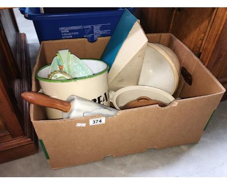 A quantity of kitchen ware including enamel bread bin without lid