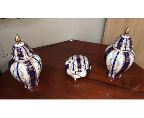 Roselle Occ & Co. 2 lidded vases & trinket pot