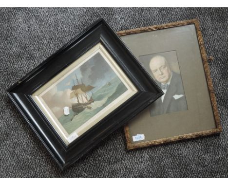 An engraving, Loss of The Kent East Indiaman, 19th galleons, 18 x 25cm, plus frame and glazed and a print, Winston Churchill,