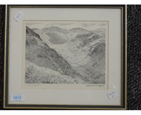 A print, after Alfred Wainwright, Langstrath, signed, 17 x 20cm, plus frame and glazed