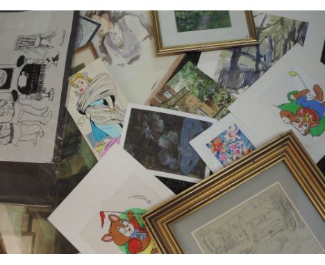 A selection of pictures, inc Albert Dickens, pencil sketch, cottage, 18 x 24cm, plus frame and glazed