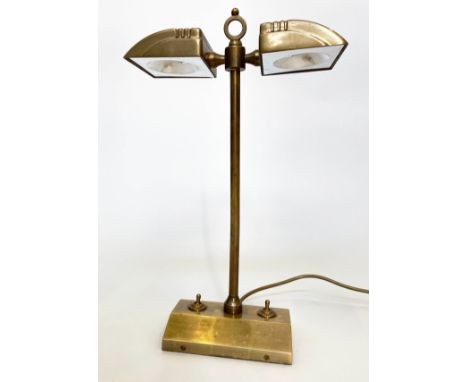 DESK LAMP, heavy weight patinated brass twin light, dual switch by Besselink and Jones, 43cm H. 