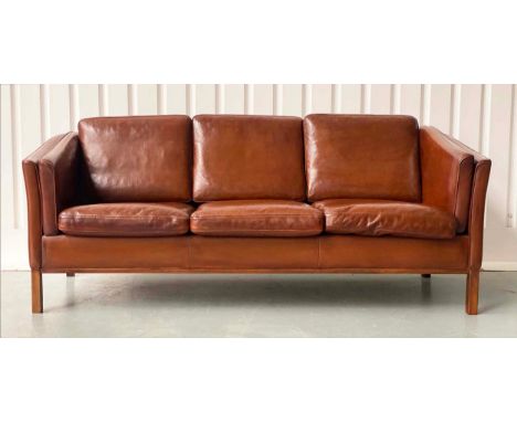 DANISH SOFA, 1970s Danish three seater grained mid brown leather upholstered with teak supports, 207cm W. 