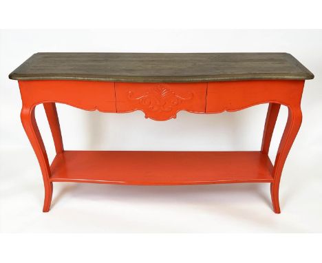 CONSOLE TABLE, French style red lacquered with single frieze drawer, 81cm H x 140cm W x 41cm D. 