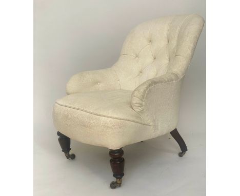 ARMCHAIR, Victorian ivory brocade upholstered with button back and turned supports, 80cm W. 