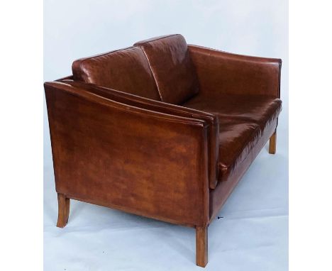 DANISH SOFA, 1970s Danish two seat grained mid brown leather upholstered with teak supports, 148cm W. 