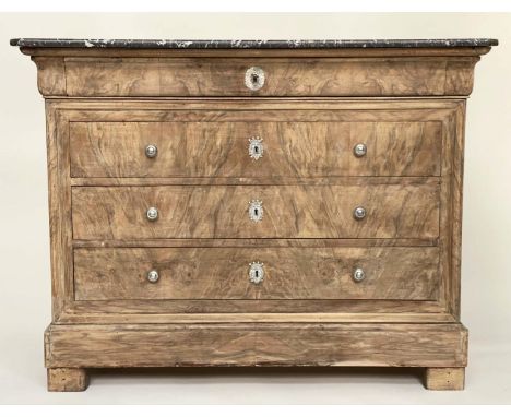 COMMODE, 19th century French Louis Philippe figured walnut and silvered metal mounted, with four long drawers, and 'St Annes'