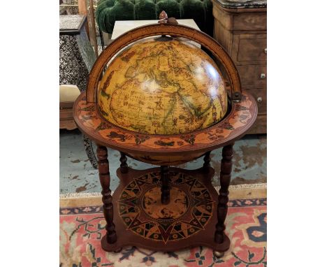 TERRESTRIAL GLOBE DRINKS CABINET, 71cm W x 107cm H, antique style with rotating drinks compartment. 