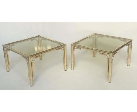 LAMP TABLES, a pair gilt metal faux bamboo with glazed tops, 63cm W x 63cm D x 41cm H. 