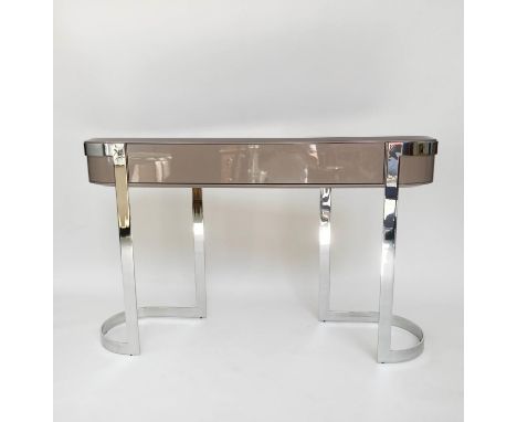 MAB CONSOLE TABLE, 139cm W x 87cm H x 37cm D, contemporary bevelled, lacquered taupe top, with frieze drawers and chrome supp