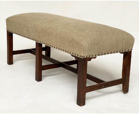 HALL BENCH, George III mahogany, rectangular studded raw linen upholstered with stretchered supports, 117cm W x 50cm D x 49cm
