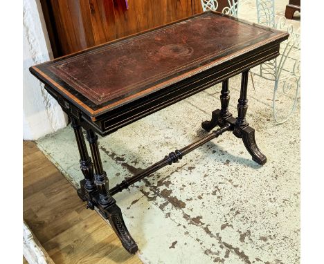 GILLOW &amp; CO WRITING/CARD TABLE, 75cm H x 99cm x 50cm, Victorian Aesthetic ebonised with burgundy leather top and green ba