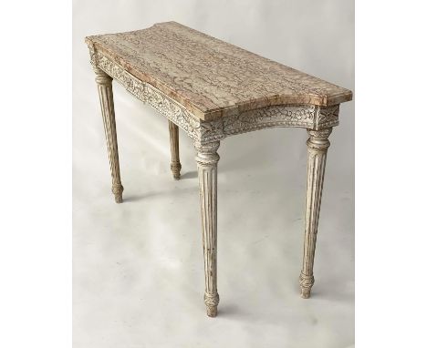 CONSOLE TABLE, French Louis XVI style with variegated striated marble on carved and painted two drawer support, 110cm W x 47c