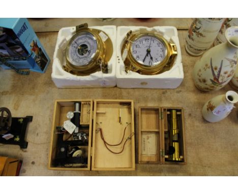 Brass cased barometer/clock & 2 scientific instruments/microscopes