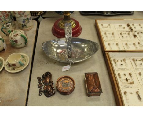 Set of 8 copper L E Mason & Co coasters, house knocker, trinket box and pewter bowl