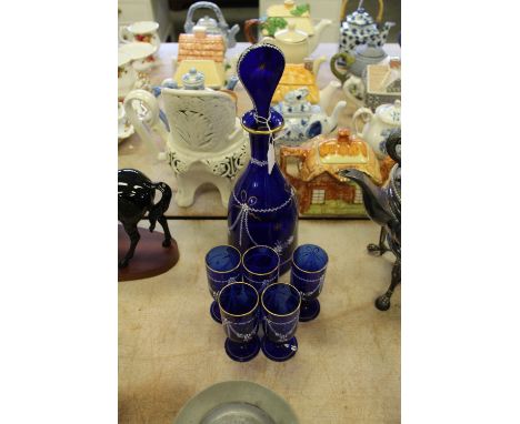 Painted/gilt glass decanter & five glasses 