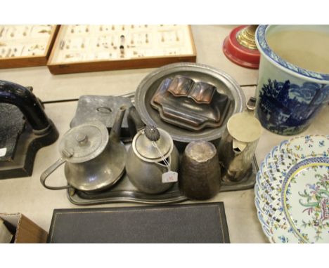 Pewter tray, inkwell and various pewter wares 