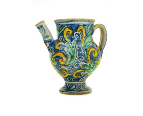 Spout officine maiolicare caltagironesi, XVIII Century,  blue enamel with yellow and green leaves. H cm 20