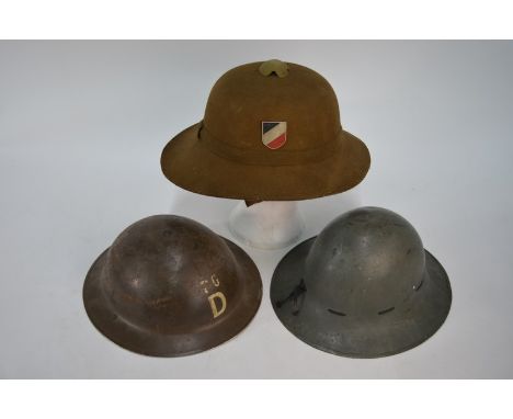 Three World War II helmets - British steel by Fisher &amp; Ludlow with liner and expanding strap - stamped F&amp;L 924 1/1939