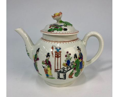 A First Period Worcester porcelain teapot and cover, painted in polychrome enamels with the 'Chinese family' pattern, the dom