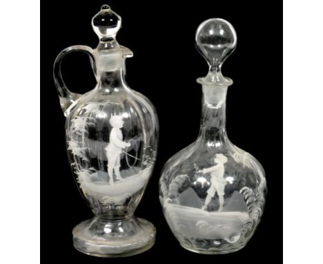 A 'MARY GREGORY' ENAMELLED GLASS DECANTER AND STOPPER AND A SIMILAR CLARET JUG, BOTH LATE 19TH C