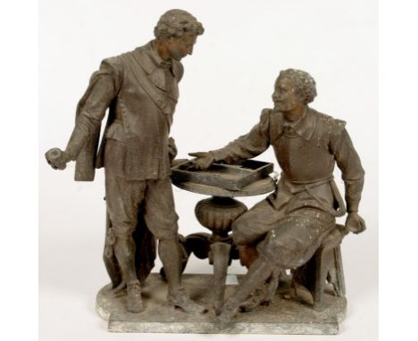 A FRENCH FIN DE SIECLE SPELTER GROUP OF TWO MEN AT BACKGAMMON, 29CM H, C1900