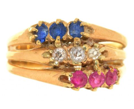 A TRIPLE ROW OLD CUT DIAMOND, SAPPHIRE AND RUBY RING IN GOLD, UNMARKED, 6.5G, SIZE R½++LIGHT SCRATCHES AND WEAR CONSISTENT WI