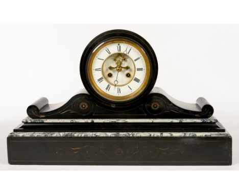 A FRENCH BELGE NOIR MANTEL CLOCK, THE DRUM CASED MOVEMENT WITH ENAMEL DIAL AND BROCOT ESCAPEMENT, 50CM L, LATE 19TH C
