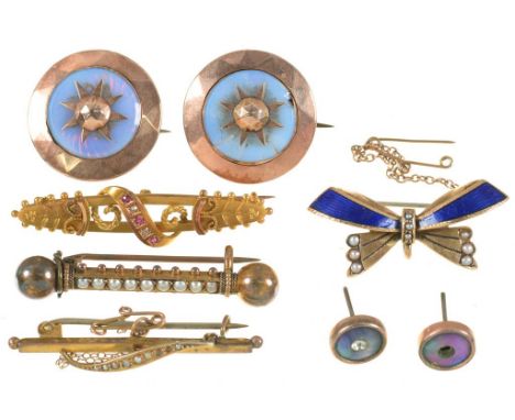 SIX BROOCHES COMPRISING A GRANULATED PEARL BROOCH IN GOLD, UNMARKED, A GRANULATED RUBY AND DIAMOND BROOCH, A BLUE ENAMEL AND 