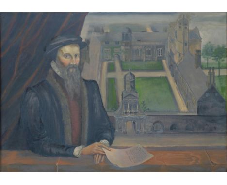 ENGLISH SCHOOL, PORTRAIT OF SIR THOMAS GRESHAM WITH GONVILLE AND CAIUS COLLEGE CAMBRIDGE IN THE BACKGROUND, 83 X 115CM, A HIS