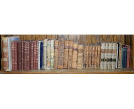 ONE SHELF OF MISCELLANEOUS BOOKS, INCLUDING LEATHER BINDINGS, 19TH C AND LATER 