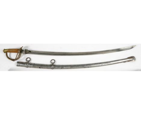 A CONTINENTAL SWORD AND SCABBARD, THE CURVED BLADE WITH BROAD SINGLE FULLER, BRASS THREE BAR HILT, THE SCABBARD WITH TWO RING