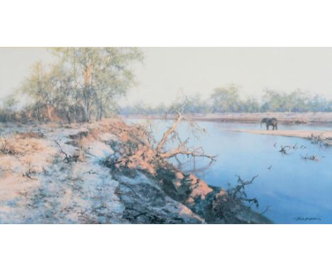 DAVID SHEPHERD, EVENING OF THE ELEPHANT, LITHOGRAPH, SIGNED BY THE ARTIST IN PENCIL, NUMBERED 158 OF 850, 40 X 75CM, DAVID RY