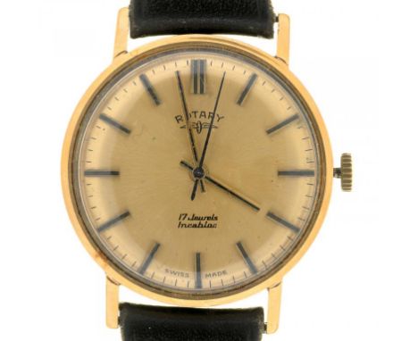 A ROTARY 9CT GOLD GENTLEMANS WRISTWATCH, LONDON 1976, 28.5G, CASED++GENERAL WEAR, SCRATCHES AND DENTS 