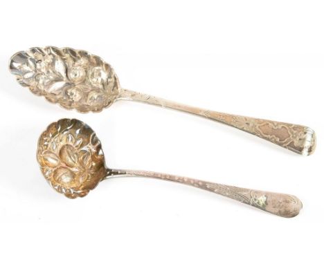 A GEORGE III SILVER SAUCE LADLE AND TABLESPOON, BOTH LATER CHASED AND ONE ADAPTED AS A BERRY SPOON OR A SUGAR SIFTER, LONDON,