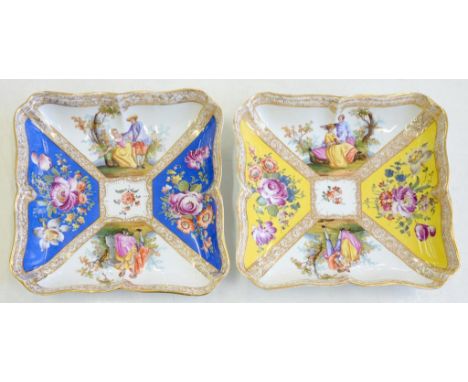 TWO DRESDEN CUSHION SHAPED DISHES, PAINTED WITH PANELS OF FIGURES ALTERNATING WITH FLOWERS ON A BLUE OR YELLOW GROUND, 23CM W