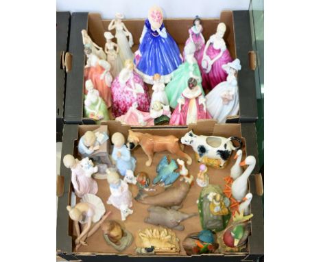 A COLLECTION OF PRINCIPALLY ROYAL DOULTON BONE CHINA FIGURES OF YOUNG LADIES, ROYAL WORCESTER AND OTHER BIRDS AND SEVERAL RES