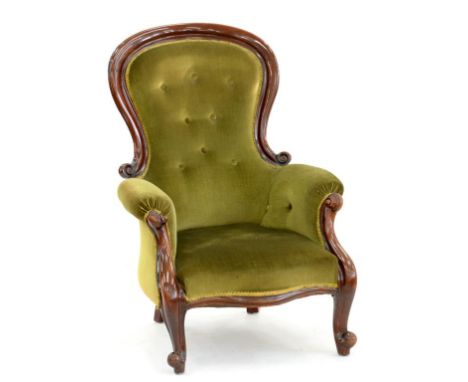 A VICTORIAN MAHOGANY ARMCHAIR, UPHOLSTERED IN GREEN BUTTON BACK FABRIC