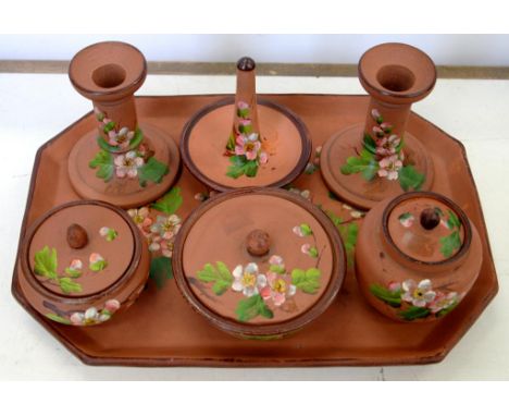 A LONGPARK TERRACOTTA DRESSING TABLE SET PAINTED WITH BLOSSOM, TRAY 19CM L, INCISED LONGPARK TORQUAY OR UNMARKED, C1890