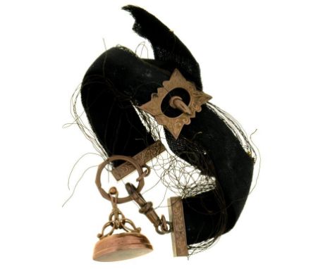 A BLACK SILK FOB WITH  9CT GOLD  PENDANT, CHESTER 1912, 8.5G++RIBBON FRAYED, FITMENTS IN OVERALL GOOD CONDITION WITH LIGHT SC