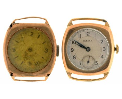 TWO BERNEC 9CT GOLD CUSHION SHAPED WRISTWATCHES, 32G++ONE BADLY DAMAGED, ONE WITH GENERAL WEAR CONSISTENT WITH AGE