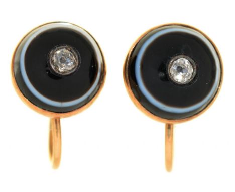 A PAIR OF BANDED AGATE EARRINGS SET WITH DIAMONDS, IN GOLD, MARKED 9CT, 3.5G++GOOD CONDITION, LIGHT WEAR CONSISTENT WITH AGE
