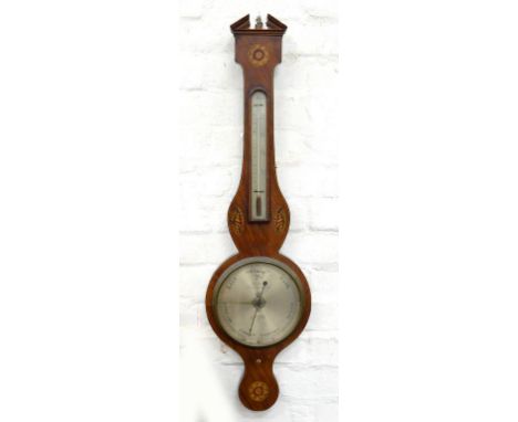 A VICTORIAN MAHOGANY AND LINE INLAID BAROMETER, INLAID WITH SHELL PATERAE, THE SILVERED REGISTER ENGRAVED GUGERI AND BELOTTI 